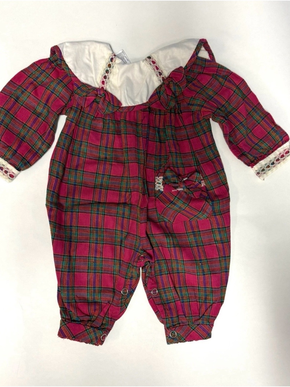 Vintage Broadway Kids Jumpsuit Romper 3-6 Pink Plaid Bibbed Lace Cottagecore